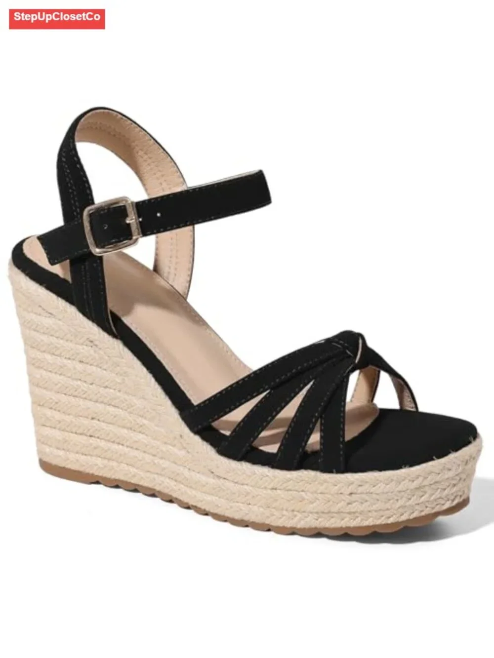Woven Linen Straw Wedge Sandals with Platform, Adjustable Ankle Buckle,